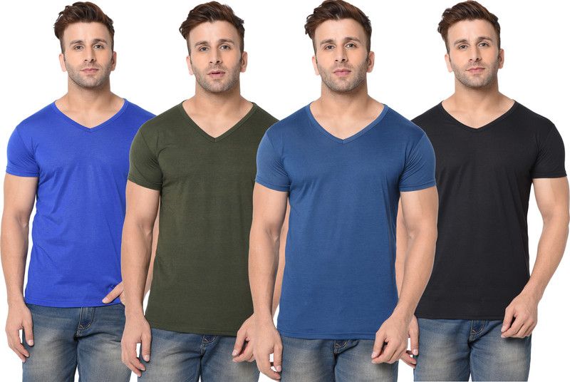 Pack of 4 Men Solid V Neck Cotton Blend Dark Green, Blue, Black T-Shirt