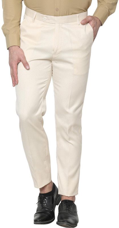 Men Regular Fit Cream Viscose Rayon Trousers