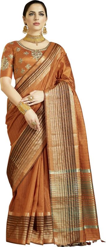 Self Design Kanjivaram Silk Blend Saree  (Orange)