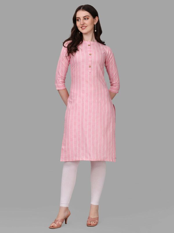 Women Striped Cotton Blend Straight Kurta  (Pink)