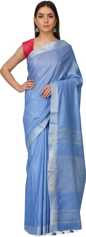 Self Design Handloom Cotton Blend Saree  (Light Blue)