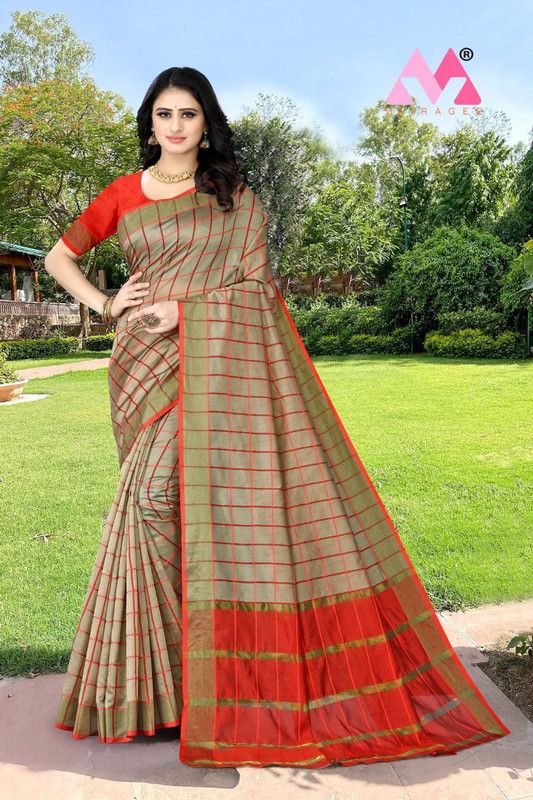 Banarasi Cotton Silk Saree  (Grey, Red)