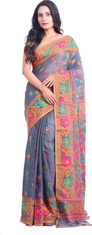 Embroidered Jamdani Cotton Blend Saree  (Grey)