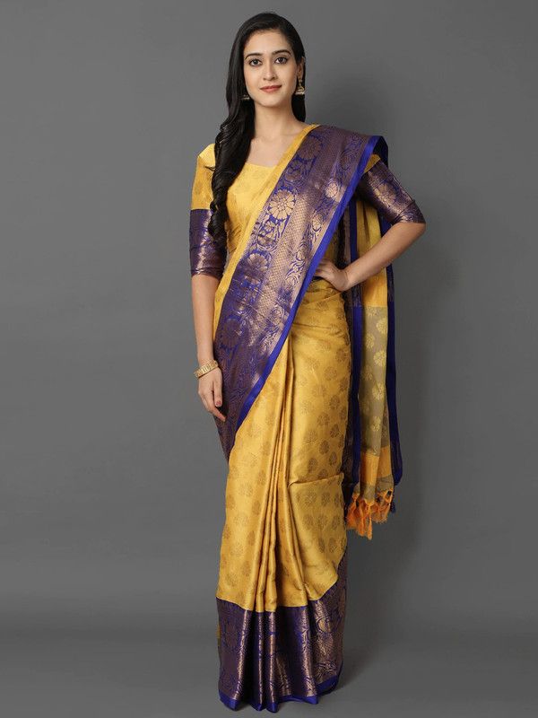 Self Design, Embellished, Applique, Solid/Plain Banarasi Cotton Silk Saree  (Blue, Yellow)