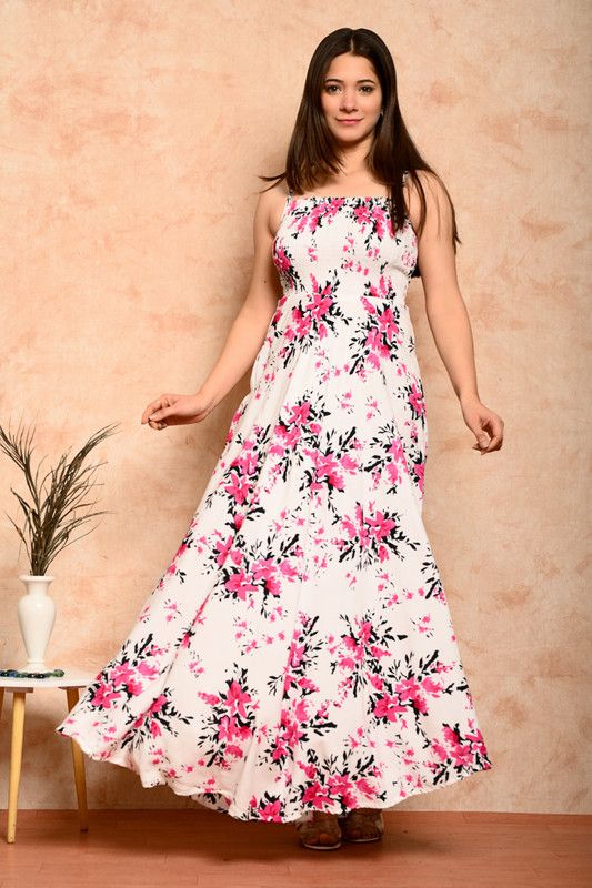 Women Printed Viscose Rayon A-line Kurta  (White, Pink)