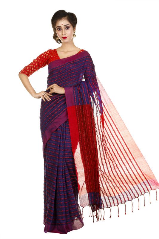 Embroidered Jamdani Cotton Blend Saree  (Red, Blue)