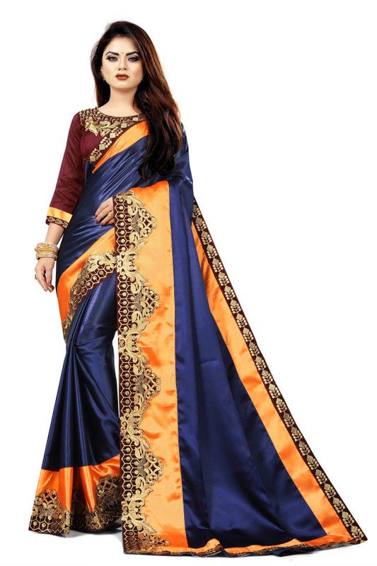 Embroidered Bollywood Satin Saree  (Dark Blue)