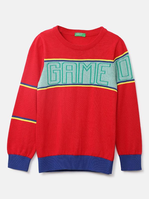 Boys Self Design Round Neck Red Sweater