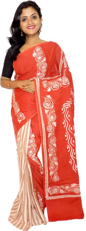 Hand Painted Hand Batik Handloom Pure Cotton Saree  (Red, White)
