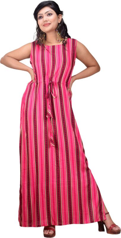Striped Rayon Blend Stitched Straight Gown  (Pink)