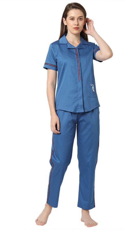 Women Night Suit Set Blue Solid