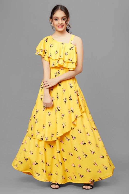 Girls Maxi/Full Length Party Dress  (Yellow, Fashion Sleeve)