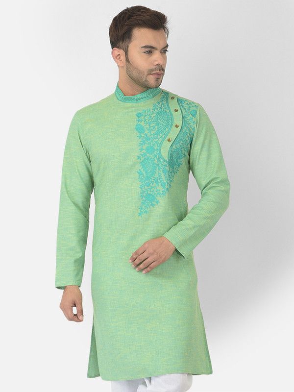 Men Embroidered Pure Cotton Straight Kurta  (Green)
