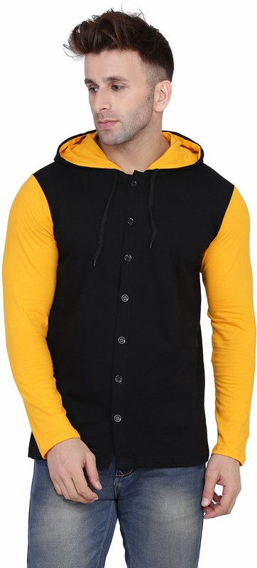 Men Color Block Hooded Neck Cotton Blend Black, Yellow T-Shirt