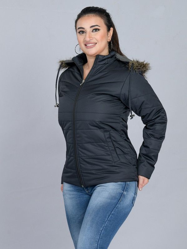 Women Puffer Hooded Jacket Polyester Women Self Design Puffer Jacket