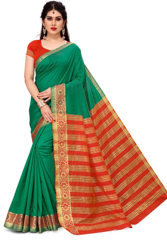 Woven Daily Wear Cotton Silk Saree  (Red, Green)