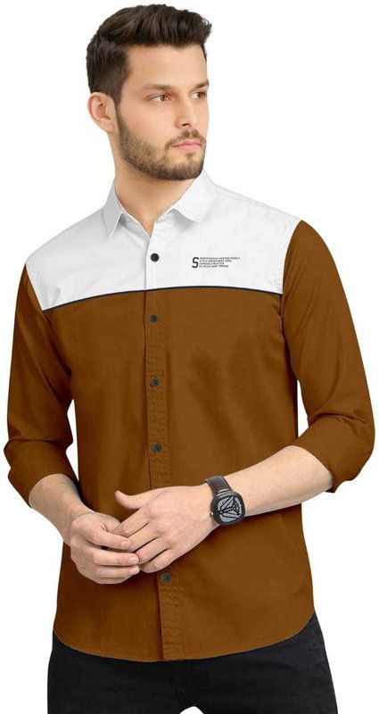 Men Self Design Casual Brown Shirt
