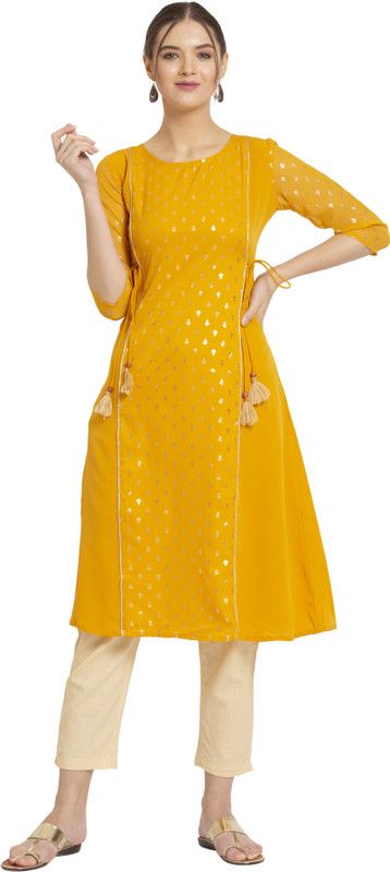 Women Printed Crepe A-line Kurta  (Gold, Yellow)