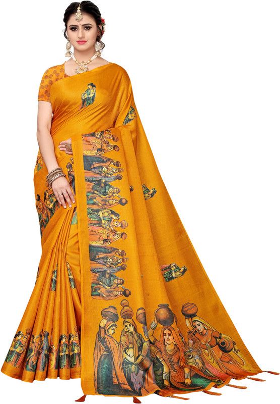 Printed Kalamkari Pure Silk Saree  (Yellow)
