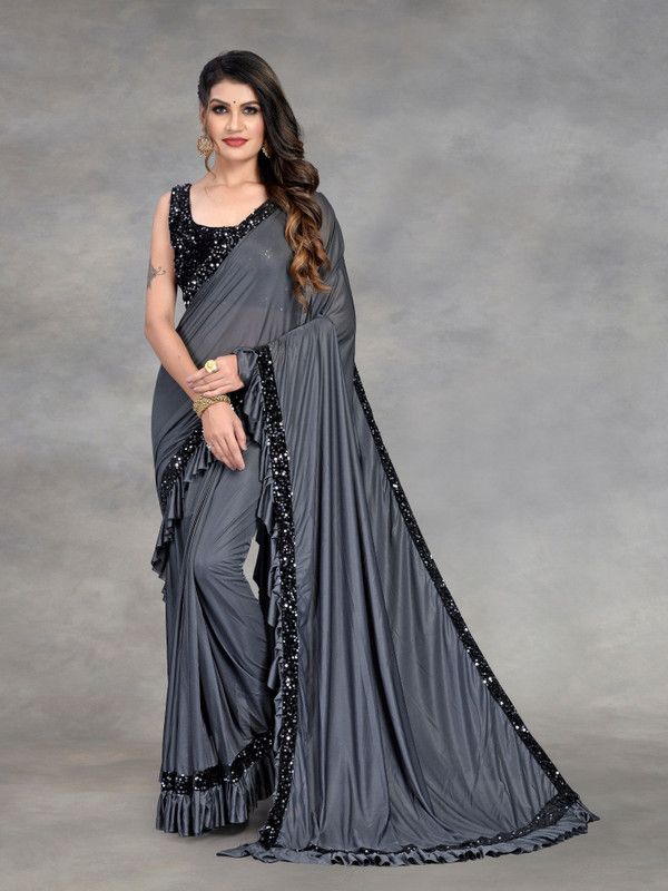 Embellished Fashion Lycra Blend Saree  (Grey)