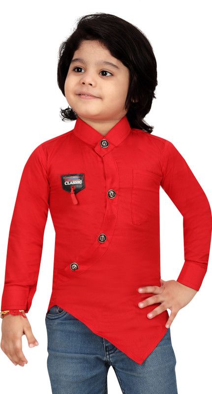 Boys Solid Cotton Blend Asymmetric Kurta  (Red)