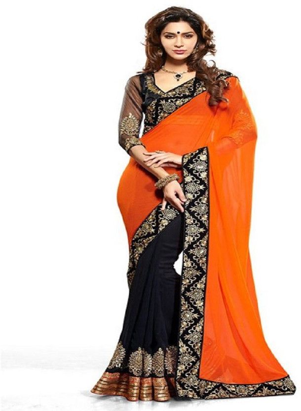 Embroidered, Solid/Plain Bollywood Handloom Georgette Saree  (Black, Orange)