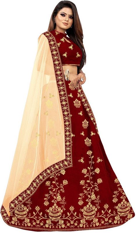 Indi Girls Lehenga Choli Fusion Wear Embroidered Lehenga, Choli and Dupatta Set  (Maroon, Pack of 1)