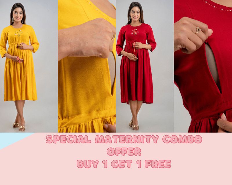 Women Fit and Flare Yellow, Maroon Dress