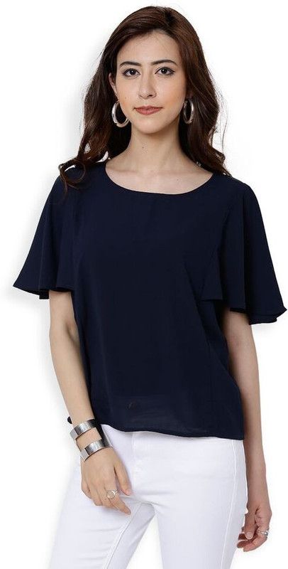 Casual Butterfly Sleeves Solid Women Dark Blue Top