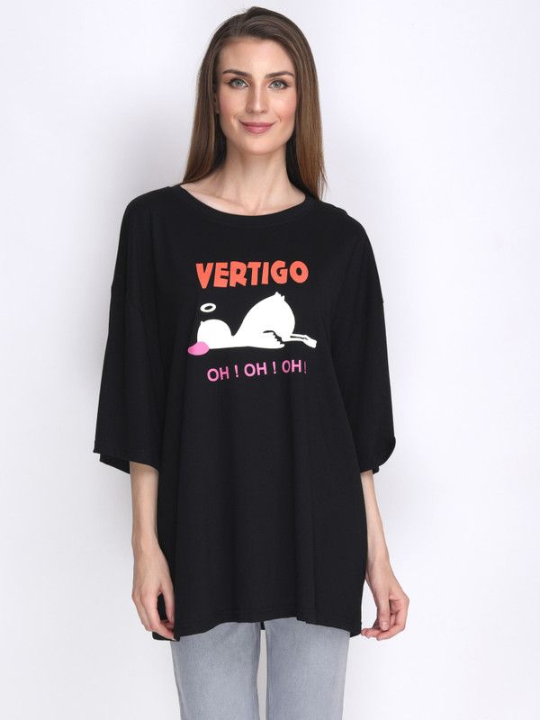 Women oversized T-shirt Women Solid Round Neck Cotton Blend Black T-Shirt