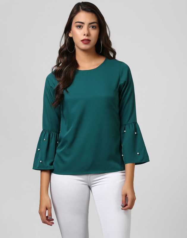 Casual Ruffled Sleeves Embellished Women Green Top