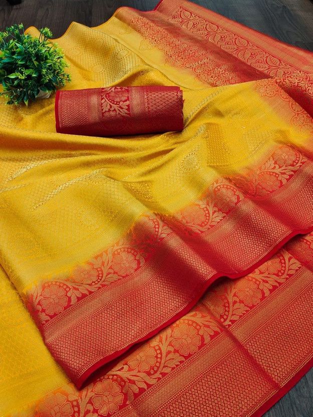 Printed Banarasi Silk Blend Saree  (Red, Yellow)