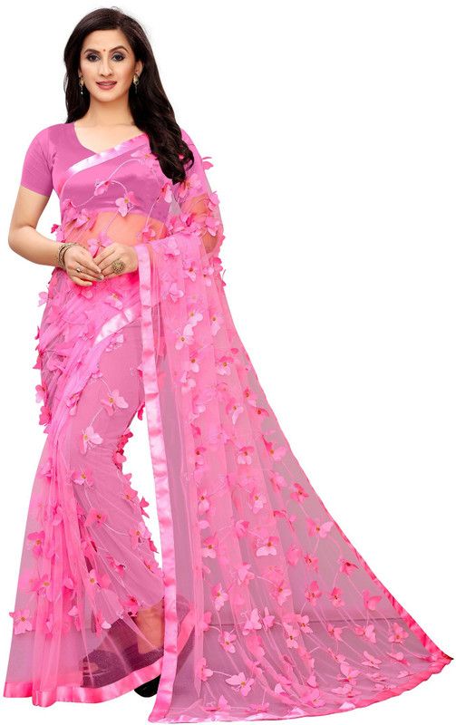 Applique Bollywood Net Saree  (Pink)