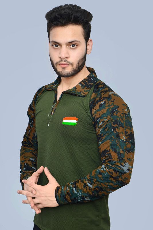 Men Military Camouflage Polo Neck Cotton Blend Multicolor T-Shirt