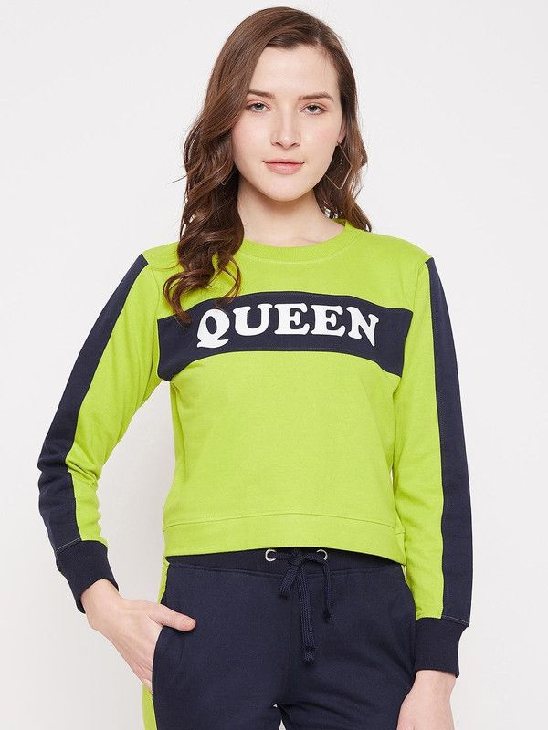 Women Colorblock Round Neck Pure Cotton Dark Blue, Light Green T-Shirt