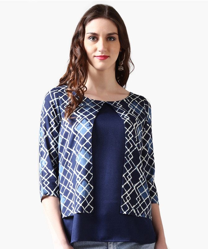 Casual Regular Sleeves Geometric Print Women Dark Blue Top