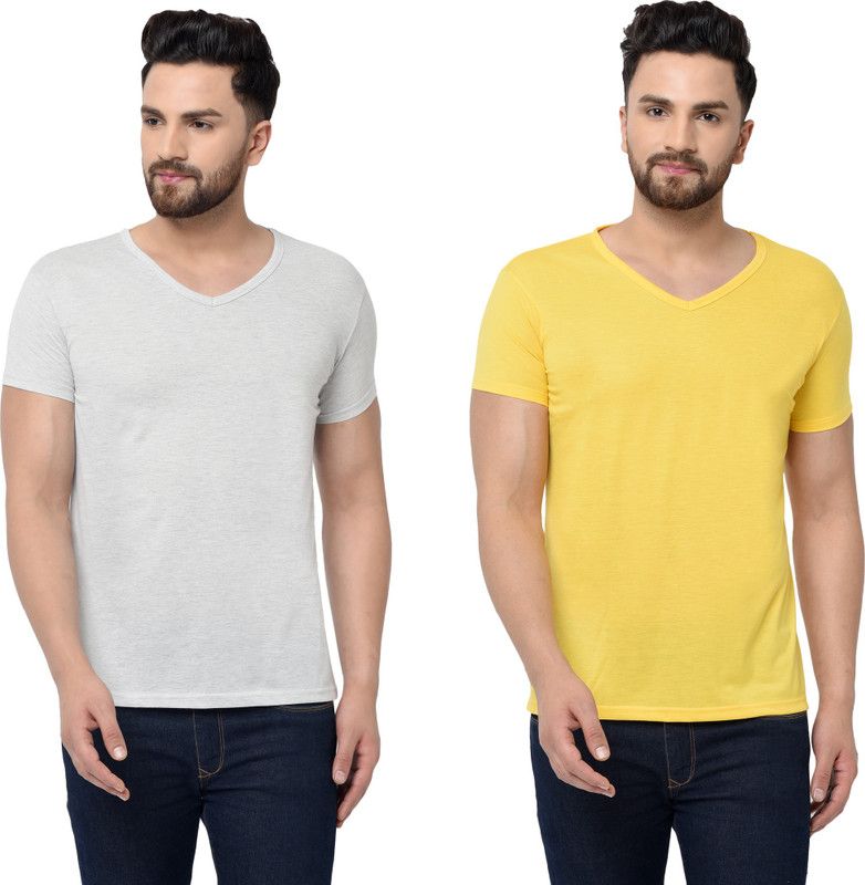 Pack of 2 Men Solid V Neck Cotton Blend Grey, Yellow T-Shirt