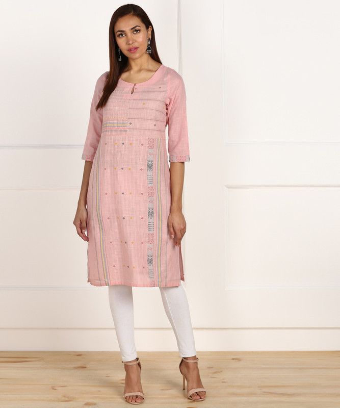 Women Printed, Striped Pure Cotton Straight Kurta  (Pink)