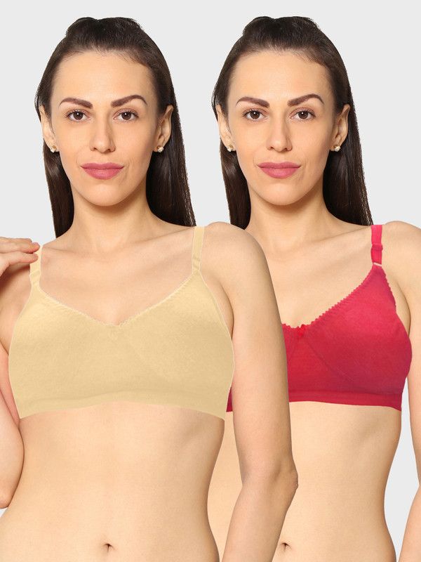 Pack of 2 Women Full Coverage Non Padded Bra  (Beige, Red)