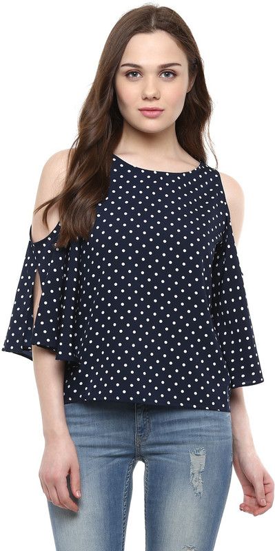 Casual Cold Shoulder Sleeves Polka Print Women Dark Blue Top