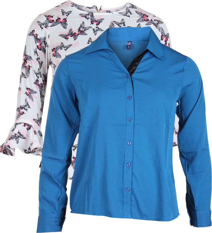 Pack of 2 Casual Regular Sleeves Solid Women Light Blue, White Top