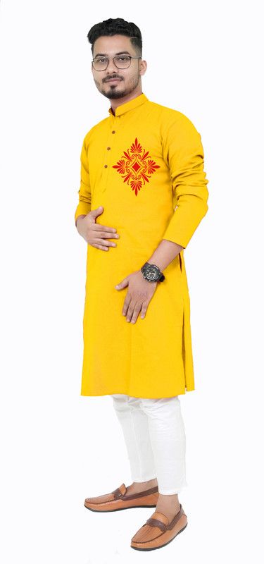 Men Solid Cotton Blend Ethnic Dress  (Yellow, Black)