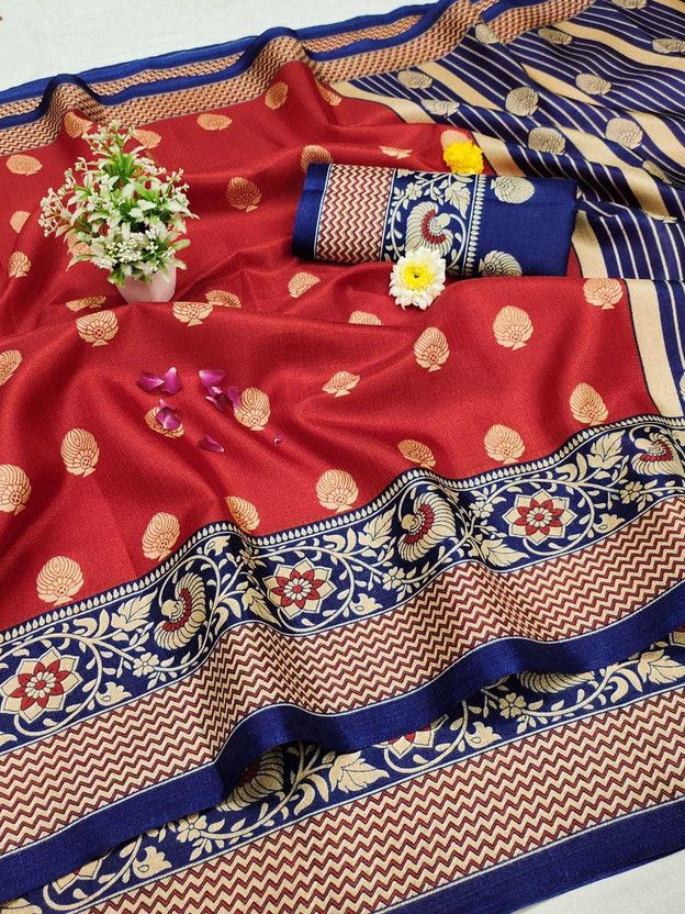 Printed Banarasi Art Silk, Cotton Silk Saree  (Red)