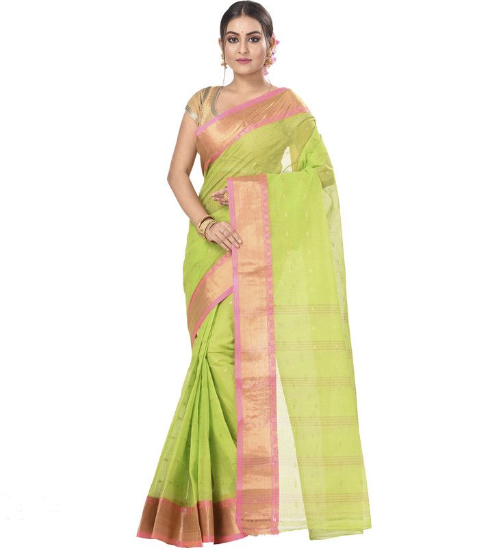 Self Design Tant Cotton Blend Saree  (Light Green)