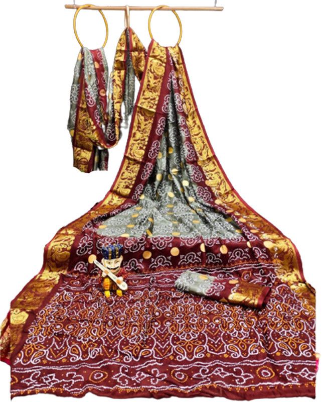 Hand Painted Bandhani Pure Silk Saree  (Brown)