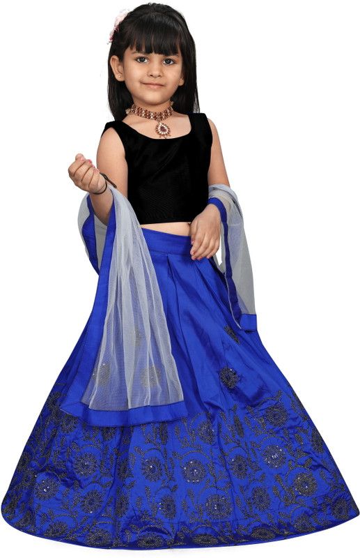 Indi Girls Lehenga Choli Ethnic Wear Self Design, Printed Lehenga, Choli and Dupatta Set  (Light Blue, Pack of 1)