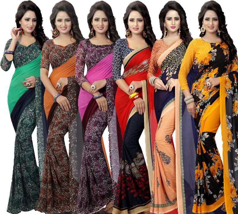 Printed Daily Wear Georgette Saree  (Pack of 6, Dark Blue, Red, Green, Pink, Orange, Yellow)