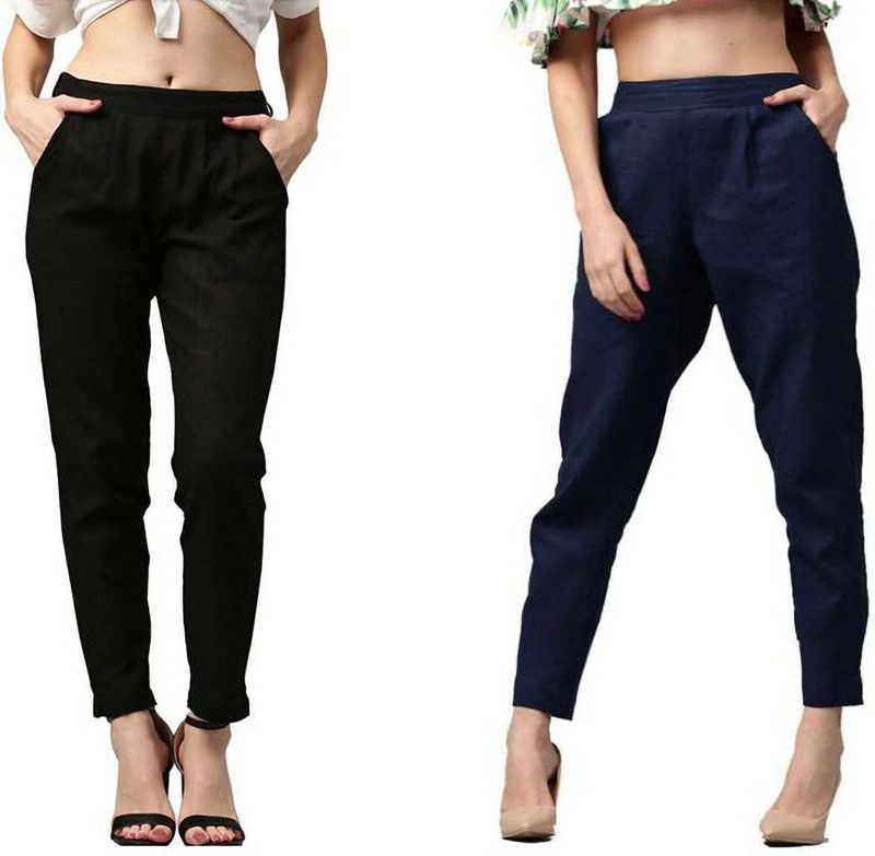 Pack of 2 Women Regular Fit Black, Beige Cotton Blend Trousers