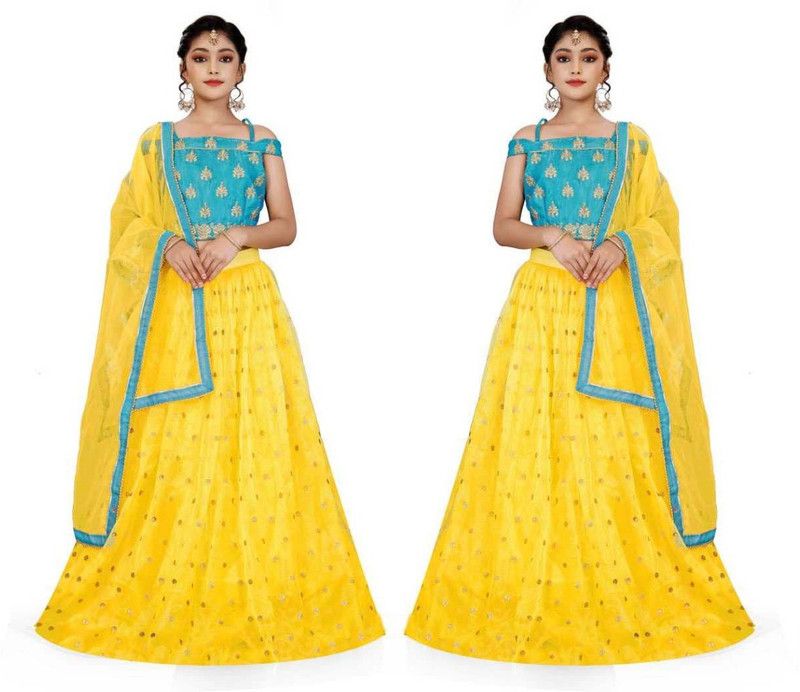 Girls Lehenga Choli Ethnic Wear Embroidered Lehenga, Choli and Dupatta Set  (Light Blue, Pack of 2)