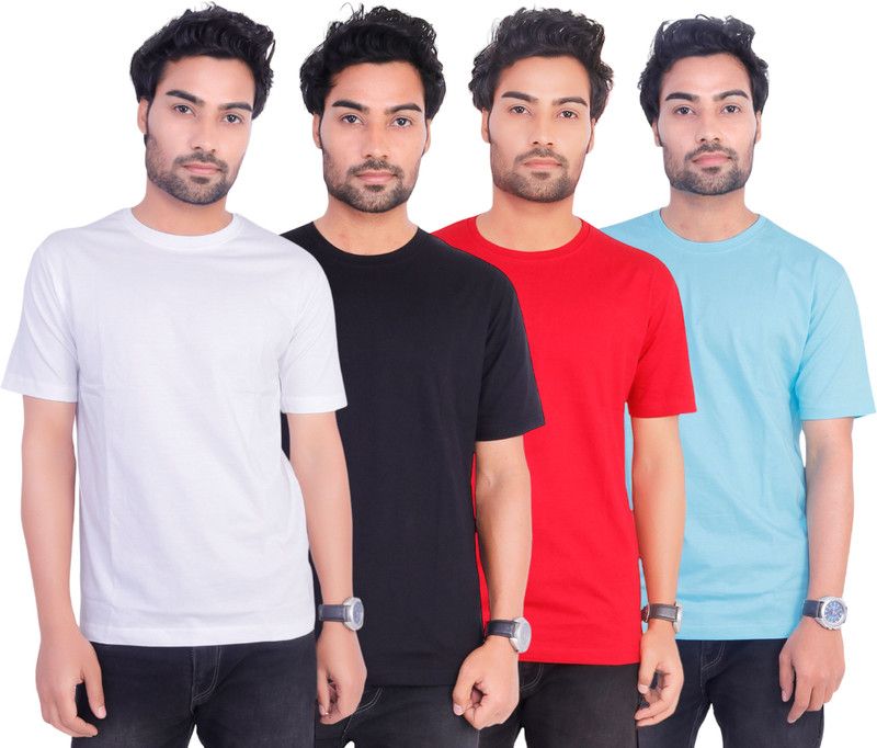 Pack of 4 Solid Men Round Neck T-Shirt Men Solid Round Neck Pure Cotton Multicolor T-Shirt